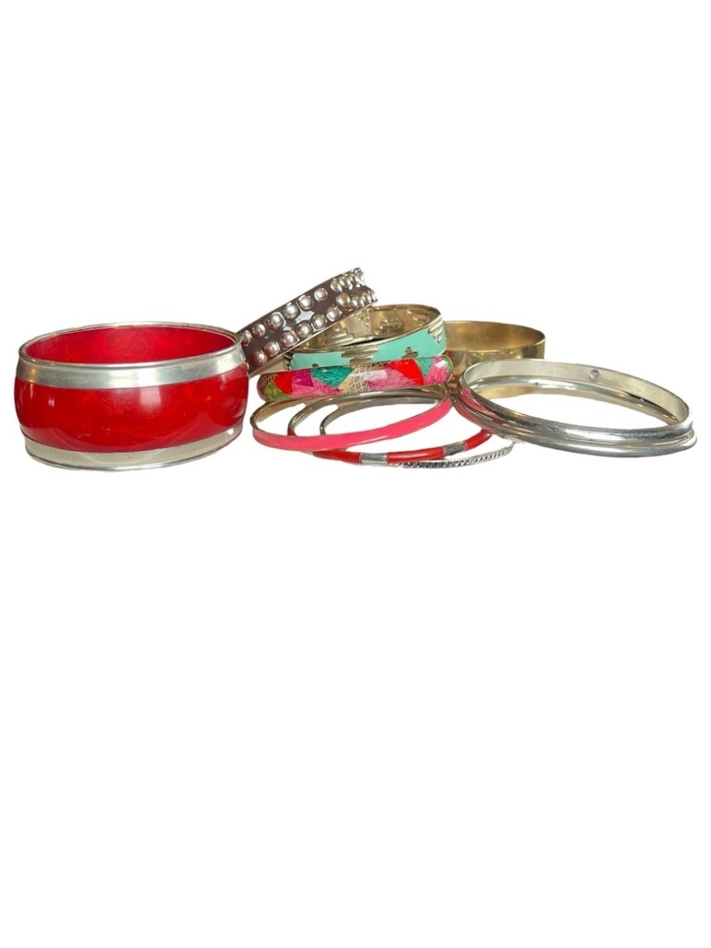 Lot of 10 Bangle Bracelets Mixed Metals Silver Red Pink Gold